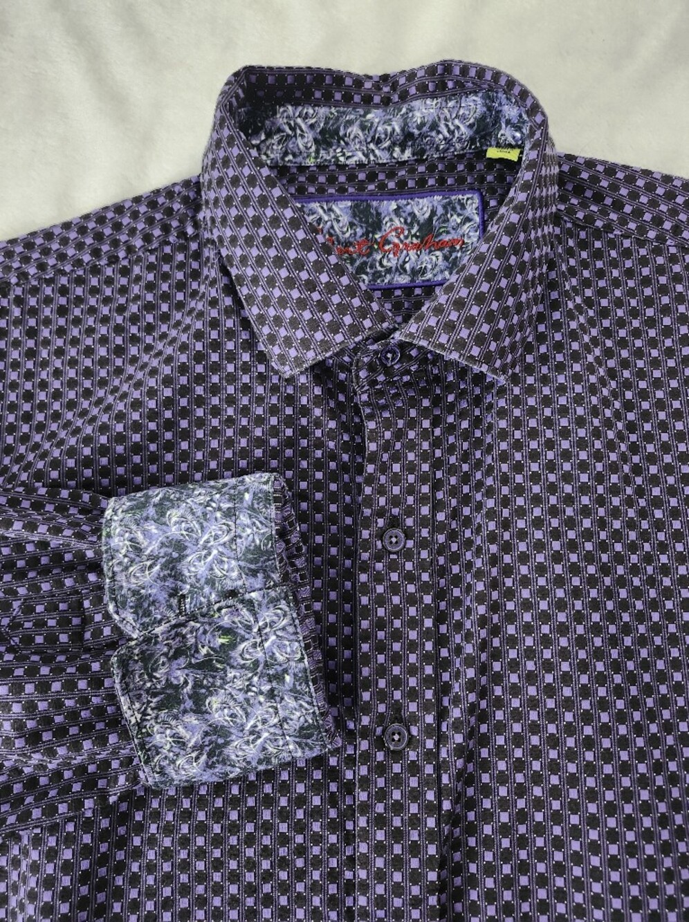 ROBERT GRAHAM Purple Geometric Checkered Button Down Shirt Classic Fit Size 2XL